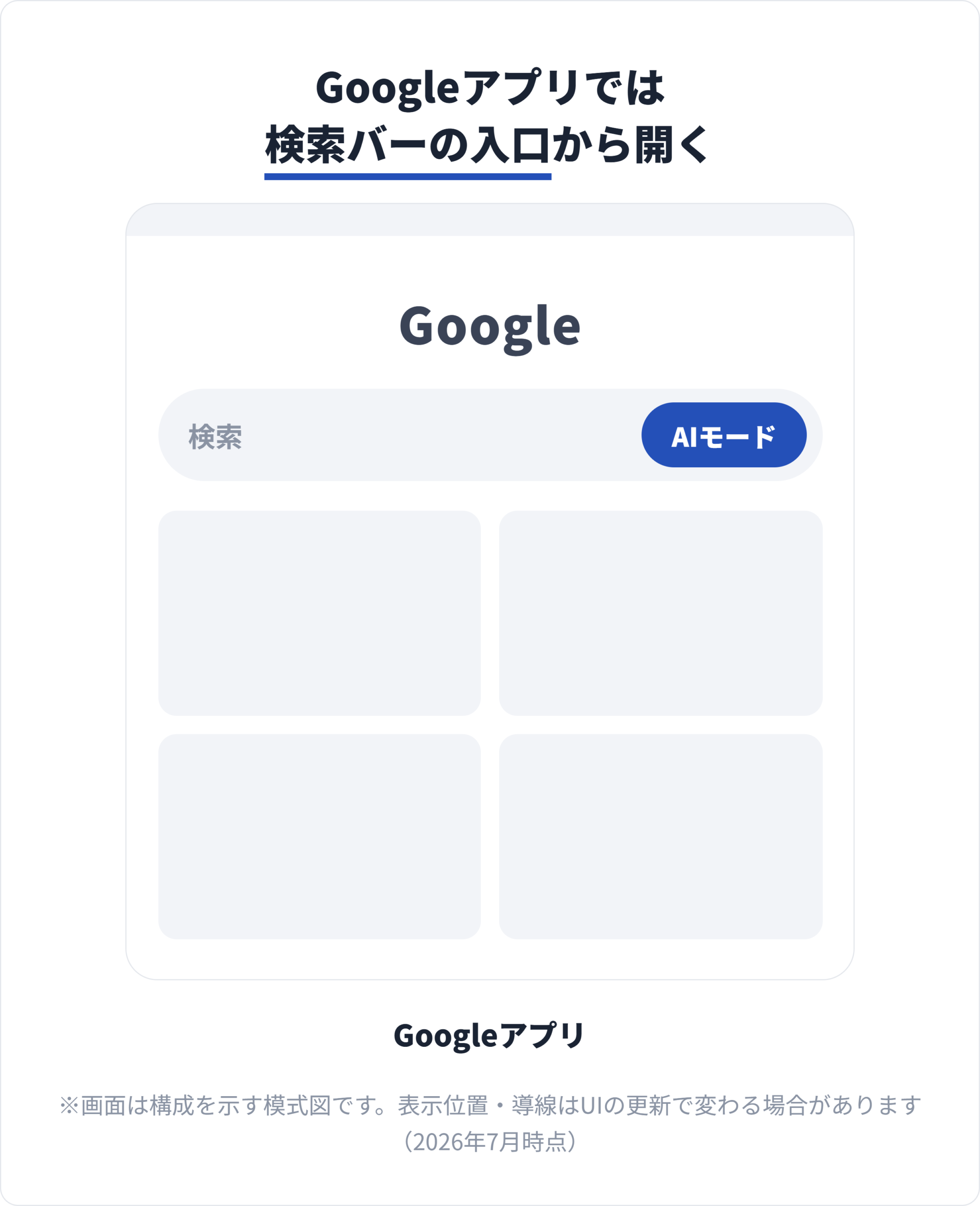 Googleアプリのホーム画面、検索バーの右側にAIモードの入口が表示される