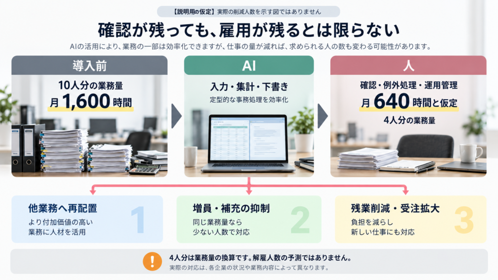 AI導入で事務処理の総時間が減った場合に、確認作業が残っても必要な業務量は変わることを示す仮定例